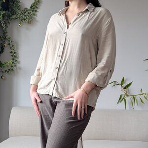 Stradivarius, Linen-like Oatmeal-beige Roll-up Sleeve Blouse, Size L